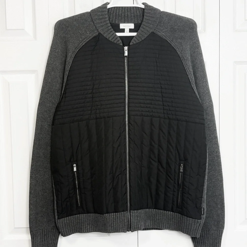 Calvin Klein Gray & Black Mixed Media Quilted Front Zip Sweater Jacket XL